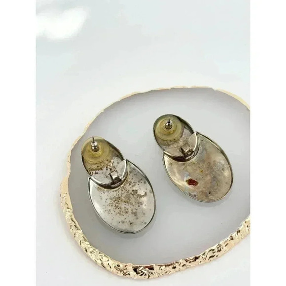 Vintage Enamel / Drip Glaze Retro Green & Yellow Oval Dangle Earrings - Picture 3 of 6